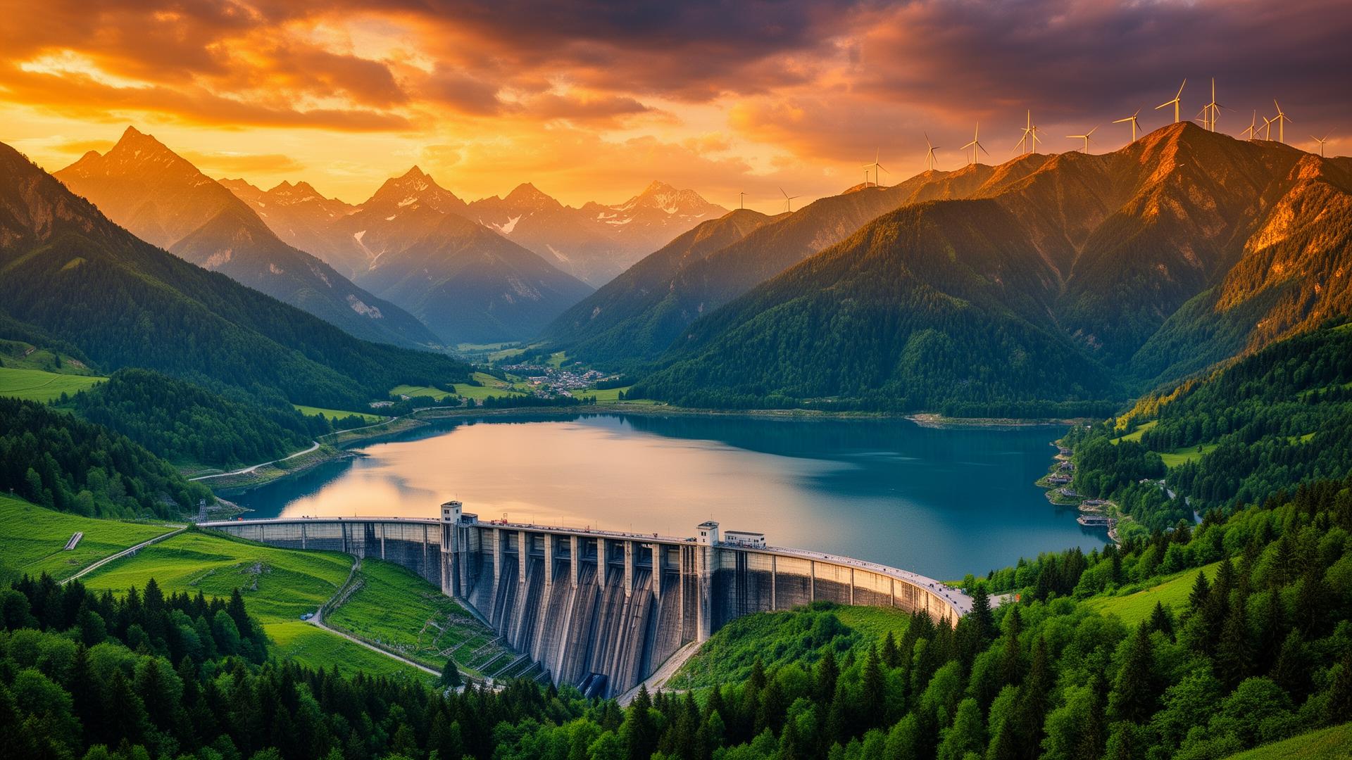 Romanian mountain landscape with reservoir and wind turbines